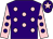 Purple, pink spots, pink sleeves, purple spots, purple cap, pink star (Mr&Mrs P K Barber, D Bennett, D Mart)