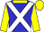 Blue, white crossed sashes, yellow collar, sleeves and cap (Mrs J Moffatt)