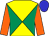 Dayglo yellow and emerald green quartered diagonally, orange sleeves, blue cap (Mr J & Mrs N Deokynarain & Mr J R Van Der Linden)