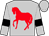 Silver, red horse, black bars on sleeves, silver cap (Love Unlimited Thoroughbreds Llc)