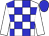 White, blue blocks, fuchsia band on sleeves, blue cap (John Russell)