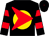 Black, gold disc, red arrow head, red hoops on sleeves, red button on black cap (Stronach Stables)