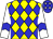 Yellow and blue diamonds, blue chevron on white sleeves, white stars on blue cap (Yeung Kin Man)