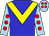 Blue, yellow chevron, red spots on light blue sleeves, red spots on light blue cap (Barrier Free Syndicate)