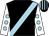Black, light blue sash, white sleeves, light blue spots, black and light blue striped cap (Eclipse Thoroughbred Partners)