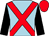 LIGHT BLUE, RED cross belts, BLACK sleeves, RED cap (Clarendon Thoroughbred Racing)