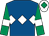 Royal blue, white triple diamond, emerald green sleeves, white armlets, white cap, emerald green diamond (Bruce & Susan Jones)