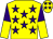 Yellow body, purple stars, purple arms, yellow halved, yellow cap, purple stars (F Cosgrove)
