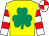 Yellow, emerald green shamrock, white sleeves, red hoops, quartered cap (Mme M Bruer/c Bruer)