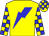 Yellow, blue lightning bolt, yellow, blue checks on sleeves, yellow & blue checked cap (Johnson Chen)