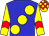 Blue, yellow large spots, red chevron on yellow sleeves, yellow & red checked cap (Ko Piu Syndicate)