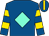 Royal blue, aqua diamond, gold hoops on sleeves, gold stripe on cap (Hk Association Of Lady Horse Lovers Syndicate)