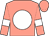 Coral, white ball, white bars on sleeves, coral cap (Cary Frommer)