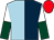 Dark blue & light blue halved, dark green & white halved sleeves, red cap (Frederick Pardy)