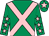 Emerald green, pink cross belts, emerald green sleeves, pink stars, emerald green cap, pink star (Mr R J Napper And Mr S Reeves)