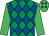 Emerald green & royal blue diamonds,emGreen sleeves,emGreen cap,blue diamonds (Mrs E Irwin & Mrs John Magnier)
