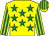 Yellow, emerald green stars, striped sleeves & cap (Sharon Flynn)