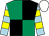 Black & emerald green quartered, light blue & yellow hooped sleeves, white cap (Weir House Syndicate)