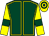 Dark green, yellow seams, yellow sleeves, dark green armlet, yellow & dark green hooped cap (Any Excuse For A Holiday Syndicate)