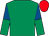 Emerald green, royal blue and emerald green halved sleeves, red cap (The Sunday Players & Partner)