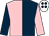 Dark blue & pink halved, sleeves reversed, white cap, dark blue spots (M A Begley)