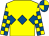 Yellow, royal blue triple diamond, royal blue and yellow check sleeves, quartered cap (Matt & Sally Burford)