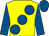 Yellow, large royal blue spots & sleeves, royal blue cap (Tingle Again Syndicate)
