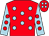 Red, light blue spots, light blue sleeves, red spots, red cap, light blue spots (Mrs Lorraine Hart)