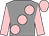 Grey, large pink spots and sleeves, pink cap (Ms Sheila Lavery)