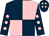 Dark blue and pink (quartered), dark blue sleeves, pink spots, dark blue cap, pink spots (Mrs A M Williams)