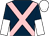 Dark blue, pink cross belts, dark blue and white halved sleeves, white cap (Mrs David Egan)