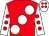 Red, large white spots, white sleeves, red spots, white cap, red spots (A McNeill)