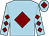 Light blue, maroon diamond, diamonds on sleeves, light blue cap, maroon diamond (Mrs M Mills & Mrs J Mills)