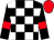 Black and white check, black sleeves, red armlets, red cap (Mrs Fay Kempe)