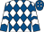 White and royal blue diamonds, royal blue and white chevrons on sleeves, royal blue cap, white diamonds (Yes He Does Syndicate)