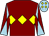 Maroon, yellow triple diamond, maroon and light blue diabolo on sleeves, light blue cap, yellow diamonds (The Conundrum Partnership)