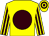 Yellow, brown disc, striped sleeves, hooped cap (Mr R M Penny)