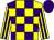 Yellow and purple check, striped sleeves, purple cap (Mr A Lucas)