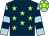 Dark blue, light green stars, light blue and dark blue hooped sleeves, light green cap, yellow star (Quevega Consulting Llp)