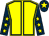 Yellow, dark blue seams, dark blue sleeves, yellow stars, dark blue cap, yellow star (Surrey Racing & Miss J Du Plessis)