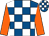 Royal blue and white check, orange sleeves (Mrs Helen L Stoneman)
