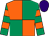 Emerald green and orange quartered, hooped sleeves, purple cap (Mrs S Neville)