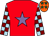 Red, mauve star, light blue and maroon check sleeves, orange cap, emerald green stars (Sally & Richard Prince)