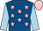 Royal blue, pink stars, light blue sleeves, pink cap (James, Pearn, Shires And Walker)