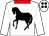 White, black horse, red collar, white sleeves and cap with black spots (Two Black Labs)