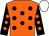 Orange, black spots, black sleeves, orange spots, white cap (Mrs J Nellis)