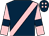 Dark blue, pink sash, pink sleeves, dark blue armlets, dark blue cap, pink spots (Mrs T Brown)