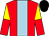 Red, light blue stripe, yellow and red halved sleeves, black cap (Mr Colin Westley)