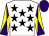 White, black stars, yellow and purple diabolo on sleeves, purple cap (Christopher Johnston & Partners)