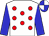 White, red spots, blue sleeves, blue and white quartered cap (Miss S E Hall)